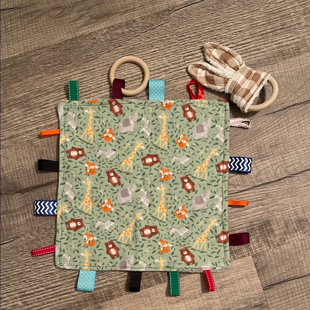 Animal Print Baby Sensory Tag Blanket and Bunny Ears Teeth Ring